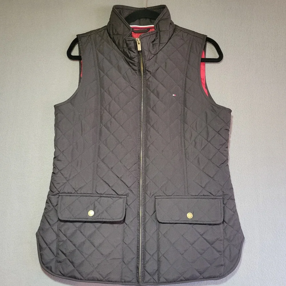 Tommy Hilfiger Womens Quilted Vest Black‎ Red Lining Gold Zip Mock Neck Size M